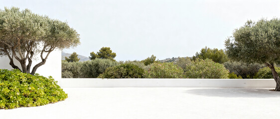 Minimalist modern terrace with olive trees and lush greenery, overlooking a tranquil landscape