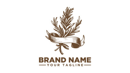Elegant Rosemary Illustration Logo Vector with Ribbon, perfect for brands seeking a natural and sophisticated identity