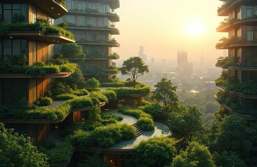 Fototapeta premium Vertical tiered buildings integrated with lush green gardens. City skyline view at sunset with trees and plants adorning balconies and terraces. Eco-friendly architecture in urban setting.