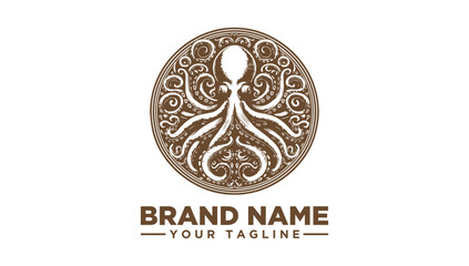 Vintage Octopus Circular Logo Vector Illustration