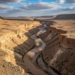 Desert River's Dust Clouds: Arid Landscape Featuring a Winding Waterway and Billowing Sands