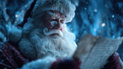 Santa Claus checking his list in a magical North Pole setting, surrounded by glimmering snowflakes, 8k, realistic, full ultra HD, high resolution, cinematic photography