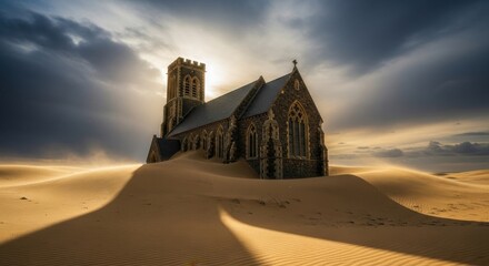 Desertification's Grip: Abandoned Church Amidst Shifting Sands and a Dramatic Sky