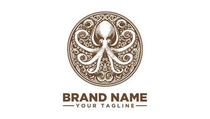 Ornate vintage octopus logo vector illustration in a classic circular design, featuring intricate marine life details for distinctive branding and creative projects