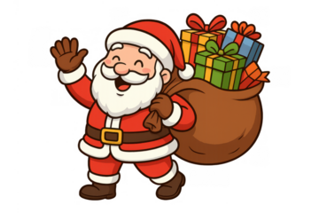 Santa claus delivering holiday gifts, waving hand and carrying sack of presents, christmas season cartoon illustration