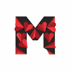 The letter M is decorated with red origami hearts against a black background, perfect for Valentine's Day or love-themed designs.