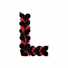 Abstract letter L formed by geometric polygons in black and red, creating a modern and artistic design against a clean white backdrop.