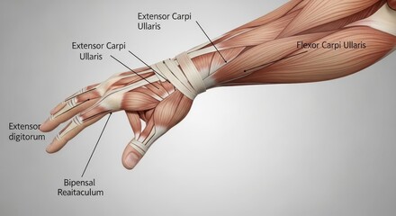 Detailed anatomical illustration showcasing human forearm and hand musculature structures