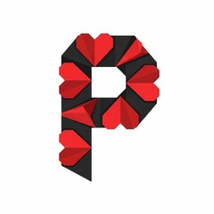 Letter P is constructed from red heart shapes and black geometric elements on a clean white background, creating a modern, stylized design.