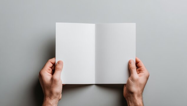 High quality photo of Hands holding open blank brochure on grey background