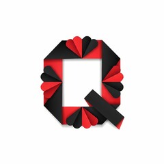Letter Q is constructed from folded paper, alternating red and black, on a white background. The design is modern and geometric.