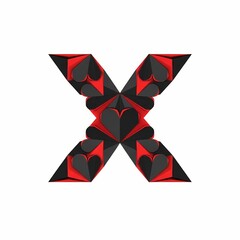 The letter X is created from layered black hearts with red accents. Isolated on a white background, the design is modern and graphic.