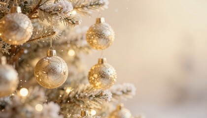 Golden Christmas Ornaments on a Snowy Tree Branch