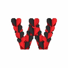 The letter W is formed by red and black origami hearts. Isolated on a white background, the hearts create a unique, love-themed design.