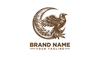 Vintage detailed eagle or hawk with crescent moon graphic logo vector illustration. Majestic bird of prey symbolizing power, freedom, and protection