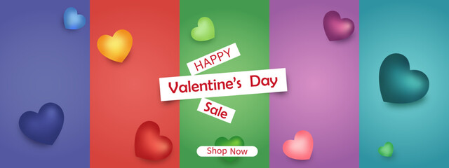 Valentine's Day Sale Banner with Colorful Hearts, Romantic Background, Festive Panels, Love Theme, Promotional Design for Shopping, Discounts, Marketing, Social Media, Website, Flyer, Poster.