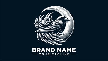 Mystical raven perched on crescent moon logo vector illustration. Elegant and dark fantasy avian emblem design concept