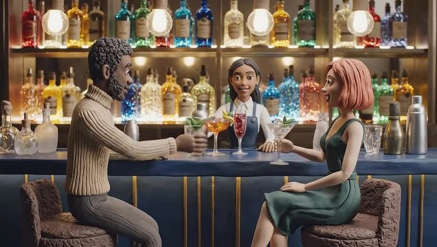 Animated Bartender Crafting Cocktails for Patrons in a Stylish Bar.