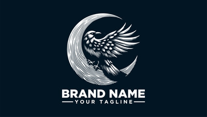 Majestic eagle on crescent moon logo vector illustration. Elegant vintage style bird of prey design for emblem, badge, or brand identity. Mythical artwork concept
