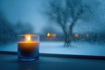 Warm candlelight flickers softly against frosted glass, creating cozy winter ambiance