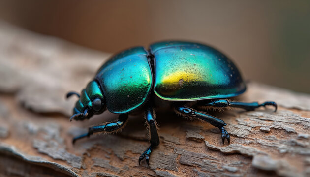 Iridescent scarab with metallic blue green sheen crawls on rough tree bark. Macro photography details insect legs antennae, natural outdoor environment. Small creature life.