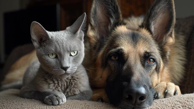 A cat and a dog are resting on a couch, with the cat looking at the camera and the dog looking away. Subtle pastel tones with a Devon Rex Cat and German Shepherd Dog, cat and dog minimalist scene