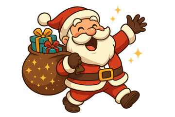 Santa claus cartoon character carrying gift bag and waving, celebrating christmas, delivering presents, happy holiday concept