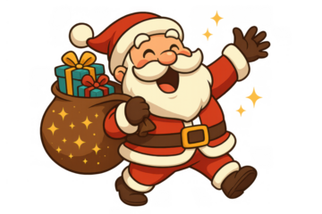 Santa claus cartoon character carrying gift bag and waving, celebrating christmas, delivering presents, happy holiday concept