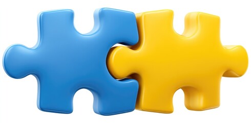 Obraz premium Two Isolated Puzzle Pieces in Blue and Yellow Colors on a White Background Representing Connection and Problem Solving