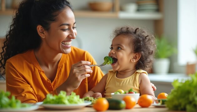 Mother feeds smiling baby broccoli from fork. Happy infant eats healthy food, enjoys mealtime together. Family bonding, fresh vegetables on kitchen table. Loving care, wholesome start. - Powered by Adobe