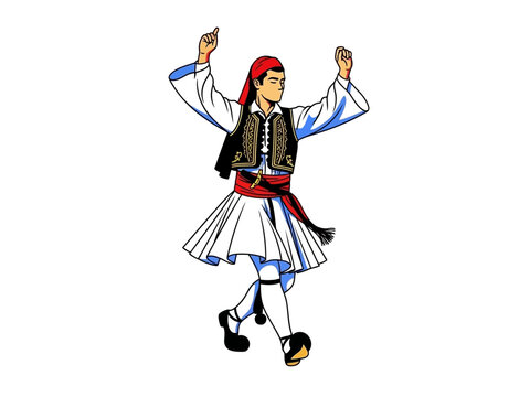 Greek Dancer in Traditional Costume with Red Fez and White Fustanella