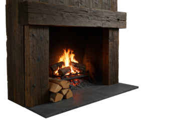 rustic fireplace of dark reclaimed oak, rough-hewn walnut mantel, stacked birch wood, cinematic light and deep shadow against white void studio background. cozy winter atmosphere