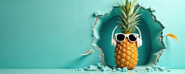 Pineapple wearing headphones and sunglasses breaks through wall. Tropical fruit enjoys summer music and party vibes. Cool character feels vacation mood.