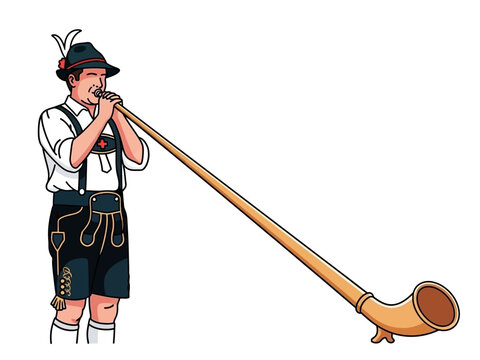 Man in Traditional Bavarian Clothes Playing Alphorn, Cartoon Style