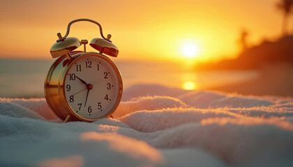 Golden alarm clock rests on soft blanket. Warm sunrise illuminates beach, signaling new day. Peaceful morning moments invite relaxation and quiet contemplation.