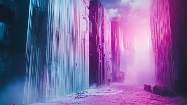 Futuristic cyberpunk city ruins with neon glow exploring digital world