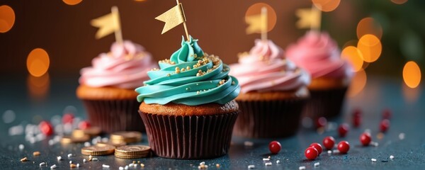 Cupcakes topped with pastel frosting, gold flags sit on dark surface. Scattered coins, sprinkles suggest festive celebration reward. Blurred bokeh lights create warm atmosphere, ideal for party