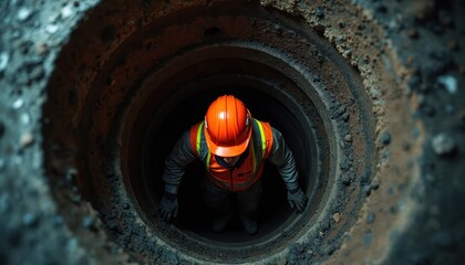 Worker wearing orange helmet and vest enters dark round tunnel shaft. He works in confined space underground, wearing protective gear. Man prepares for difficult job in sewer system.