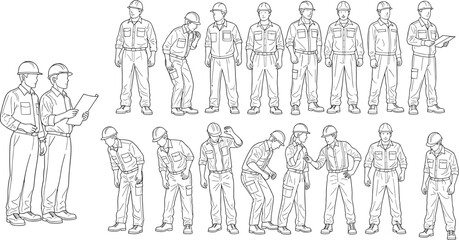 Industrial workers in safety helmets, workplace behavior, communication and inspection poses, training illustration, line drawing style - flat vector illustration