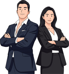 Confident business professionals standing with crossed arms, teamwork and leadership concept, formal attire pose - flat vector illustration