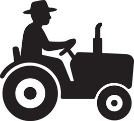 A simple black silhouette depicting a farmer driving agricultural machinery