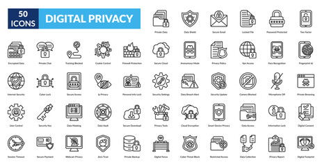 Digital Privacy Line Icon Set. Private Data, Data Protection, Secure Email, Locked Files, Password Security, Two Factor Authentication, Fingerprint Id