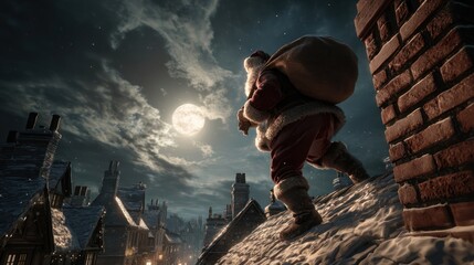 Santa Claus climbing down a brick chimney on a snow-covered rooftop, large gift sack over his shoulder