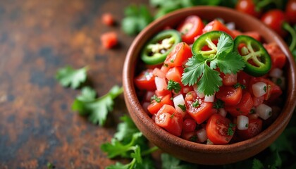 Fresh pico de gallo in rustic bowl. Chopped tomatoes onions cilantro jalapeno. Authentic Mexican salsa preparation. Vibrant dish for summer party.