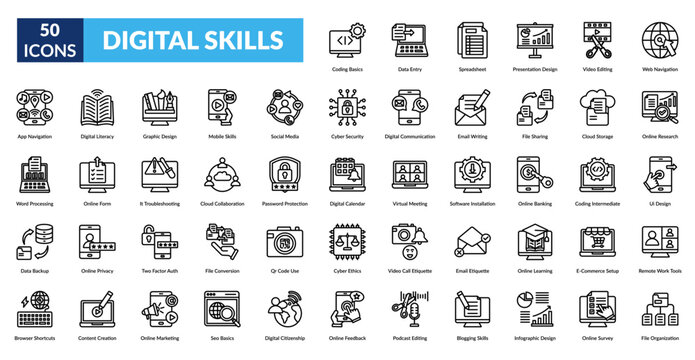 Digital Skills Line Icon Set. Coding Basics, Data Entry, Spreadsheet Management, Presentation Design, Video Editing Skills, Web Navigation, Online Research Methods