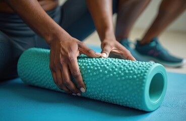 Close view of person hands on textured turquoise foam roller on blue yoga mat. Person prepares for muscle recovery, relaxation post exercise, promoting flexibility, mobility. Workout tool for sports.