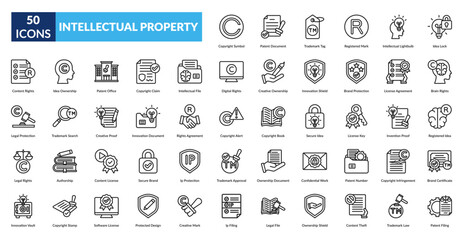 Intellectual Property Line Icon Set. Ip Rights, Copyright Symbol, Patent Document, Trademark Tag, Registered Mark, Intellectual Property, Licensing Agreement