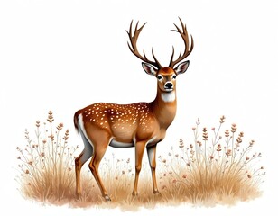 Sika deer with large antlers stands in dry grass with small flowers. The spotted mammal looks forward. Wild animal poses for photo. Nature, fauna concept.