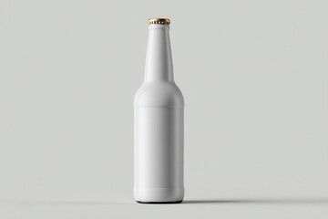High quality photo of Blank white beer bottle with gold cap on a light background