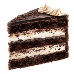 Delicious Chocolate Slice of Cake with Frosting Isolated on White Background for Dessert or Bakery Concept